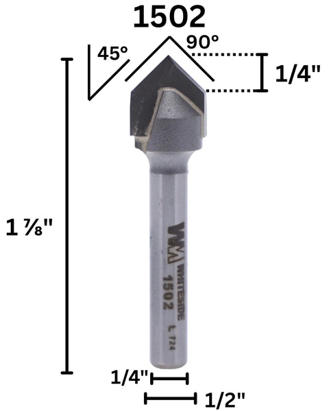 V Groove Router Bit, 90 Degree Included Angle, 1/2 In Cutting Diameter, 1/4 In Point Length visible with dimensions marked.