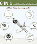 6 in 1 multifunctional divot tool with scoring pen, knife, nail pullers, cleaning brush, ball marker, divot tool.
