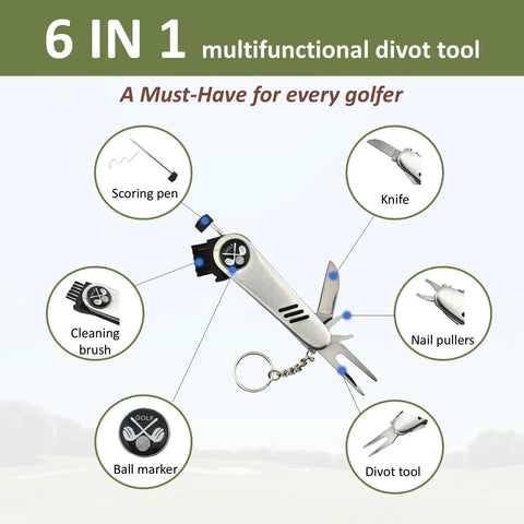 6 in 1 multifunctional divot tool with scoring pen, knife, nail pullers, cleaning brush, ball marker, divot tool.