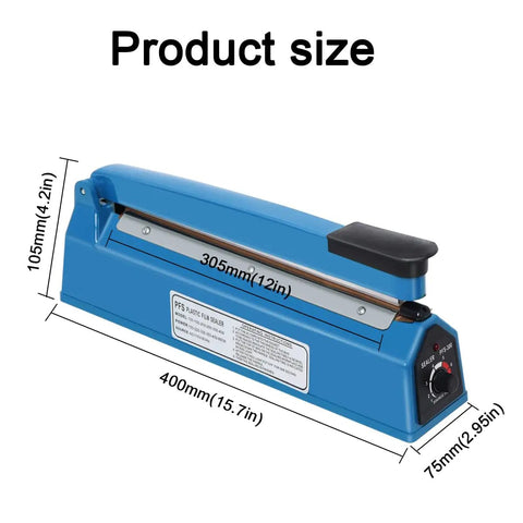 12 Inch Heat Sealer For Bags Of Snacks And Cookies A Must Have Workhorse Poly Bag Sealer in blue, showing size dimensions.