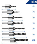 Seven Piece Three Point Countersink Drill Bit Set Featuring Adjustable Depth Lock And Rugged Hex Chucker High Carbon Steel Spirals, sizes shown.