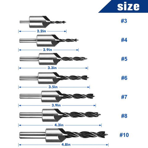 Seven Piece Three Point Countersink Drill Bit Set Featuring Adjustable Depth Lock And Rugged Hex Chucker High Carbon Steel Spirals, sizes shown.