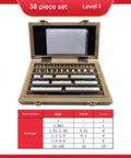 38 Piece Ceramic Rectangular Gauge Block Set Grade 1 Precision Measurement Tools organized in wooden box with size chart.