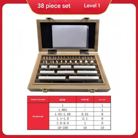 38 Piece Ceramic Rectangular Gauge Block Set Grade 1 Precision Measurement Tools organized in wooden box with size chart.