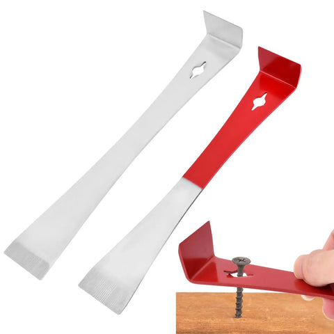 Flat Pry Bar Set, Stainless Steel Pry Bar Scraper Tools with red and silver handles shown lifting a nail