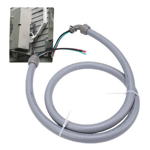 Pre Wired AC Whip Kit With Three Quarter Inch Flexible Liquid Tight Conduit Six Feet Long 8 AWG Copper Wire Three Conductor in use with outdoor unit.