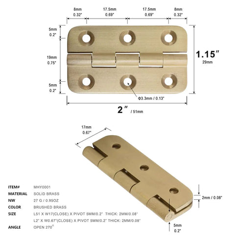 Built Tough 2 Inch Brushed Solid Brass Butt Hinges With Full Mounting Hardware For Heavy Lifting Door Installation Rust Resistant Smooth Swivel Action 4 Pack Set dimensions and details.