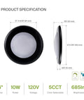 Product specifications of Dope 12 Pack 4-Inch LED Disk Lights, 10W, side and front view with measurements, 5 CCT, 685LM, CRI90 Plus.