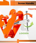 Close-up of orange vertical beam clamp with screw handle; 2-ton capacity and 3-9 in opening.