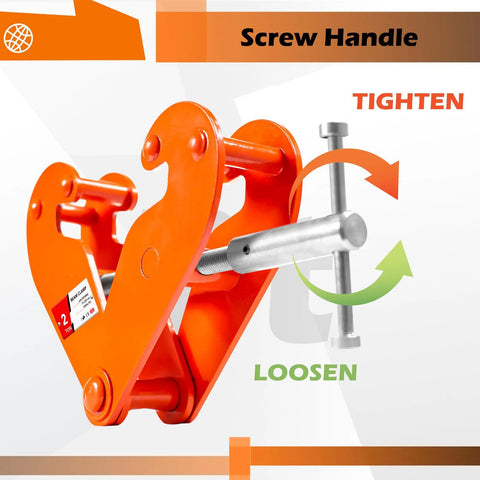 Close-up of orange vertical beam clamp with screw handle; 2-ton capacity and 3-9 in opening.