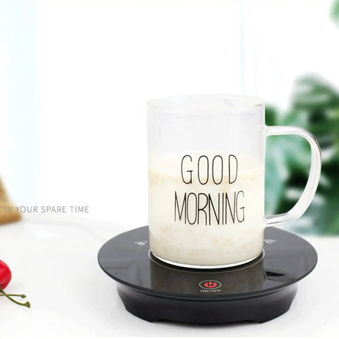 Kickass Smart Touch Cup Warmer Plate 15W Constant Temperature Heating Coaster holding a mug with milk on a black base.