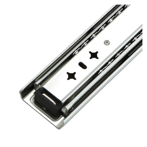 Beefy 53mm Heavy Duty Concealed Drawer Slides With Slick Push To Open Action And Hidden Bottom Mount Rails For Zero Fuss Cabinetry Soft Closing Hardware close-up of steel slide track with locking lever.