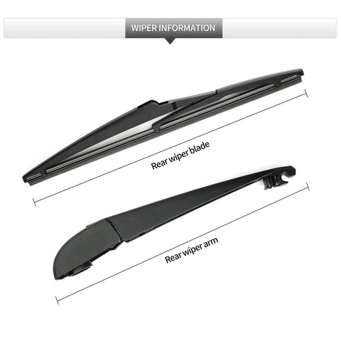 Premium Rear Windshield Wiper Blade And Arm Kit For Toyota Rav4 featuring rear wiper arm and blade dimensions.
