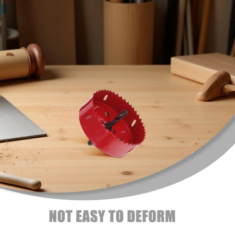 Bi Metal Hole Saw Kit With Drill Bit And Dust Collector Quick Release System 4 1 4 Inch red saw on wooden table