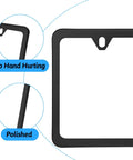 Image showing details of Stainless Steel License Plate Frame With Slim Two Hole Design Flat Plate Holder That Keeps It Clean And Rust Free Weatherproof Car Accessory With Metal Screw Caps Black Finish Narrow Frame For Standard Plates, featuring smooth polished edge and no hand hurting edges for safety.