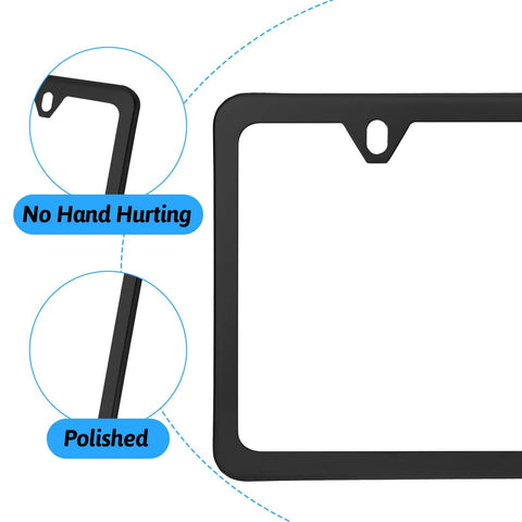 Image showing details of Stainless Steel License Plate Frame With Slim Two Hole Design Flat Plate Holder That Keeps It Clean And Rust Free Weatherproof Car Accessory With Metal Screw Caps Black Finish Narrow Frame For Standard Plates, featuring smooth polished edge and no hand hurting edges for safety.