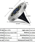 Upgraded Solar Ground Lights Eight Pack Super Bright Outdoor In Ground Garden Lights Waterproof Landscape Lights For Yard Pathway Lawn Patio Deck Walkway Cool White Beam with dimensions and specifications.
