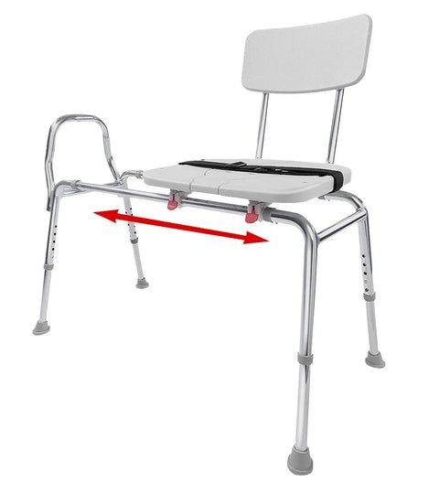 Sliding Transfer Bench With Replaceable Cutout Seat, Heavy Duty Shower Chair For Bath Safety, Easy Transfers From Wheelchair Or Walker, No Tool Setup, Durable Tub Seat For Seniors And Disabled, showing metal frame and sliding seat mechanism
