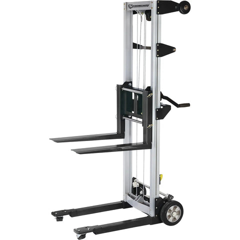 Heavy Duty Manual Hand Winch Stacker For No Sweat Lifting And Easy Shelving Moves Smooth Operator Hauling Gear With Solid Five Hundred Pound Rating Built Boss Tough For Garage Chores And Fast Office Transfers In Sleek Silver