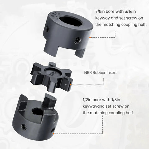 Half To Seven Eighth Inch L Jaw Coupling Set Three Piece Flexible Multi Flex Couplers made from HT250 steel with NBR Rubber Insert