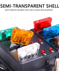 120 Pcs Mini Car Blade Fuses Kit showing color-coded fuses in pro-grade zinc alloy with insulating plastic, 2A-35A auto fuse assortment.