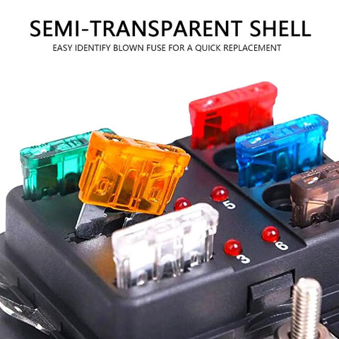 120 Pcs Mini Car Blade Fuses Kit showing color-coded fuses in pro-grade zinc alloy with insulating plastic, 2A-35A auto fuse assortment.