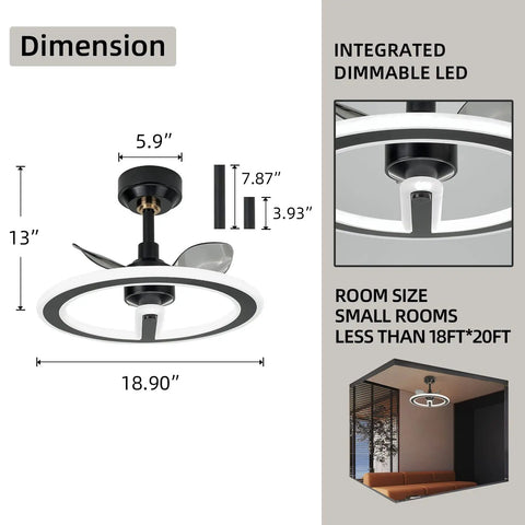 Diagram of 19 Inch Modern Ceiling Fan With Dimmable LED Light, Black Low Profile Ceiling Fan dimensions and room placement.