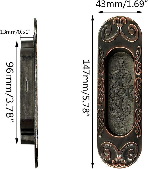 Two Pack 4.13 Inch European Recessed Flush Pull Handle Set In Stainless Steel With Antique Copper Finish front and side view