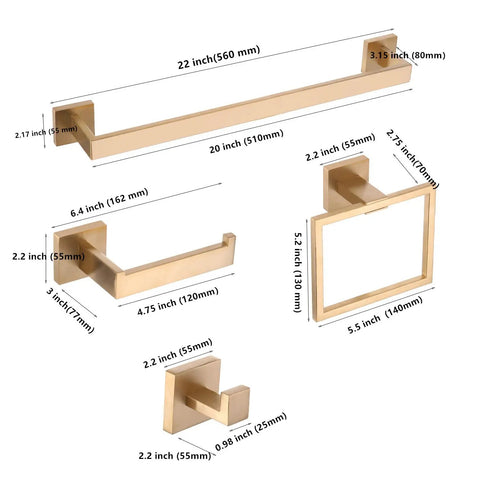 Diagram of Brushed Gold Stainless Steel 5 Piece Bathroom Hardware Set With 22 Inch Towel Bar And Towel Rack Dope Upgrade For Your Bath Rustproof SUS 304 Accessories Kit, displaying measurements.