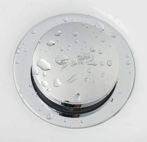 Tip Toe Bathtub Drain Trim Kit With Two Hole Overflow Faceplate Chrome Plated Finish Replacement Bath Drain Stopper Easy Tap To Open No Fuss Design Universal Fine And Coarse Thread with water droplets on surface