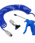 Hardcore Air Blow Gun Kit With Sixteen Foot Pneumatic Pu Hose One Quarter Inch Quick Coupler Plus Auto Shut Off Valve, featuring blue coiled hose and nozzle.