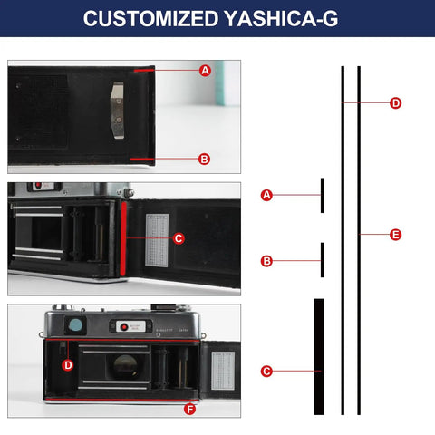 Pre Cut Light Seal Foam Sponge Kit Stops Leaks On Electro 35 Models, labeled parts of customized Yashica G camera with foam details.