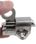 Spring Loaded Bolt Latch for Security Door Gate Zinc Alloy Pull Ring Lock held with finger, showcasing stainless steel finish and mechanism.