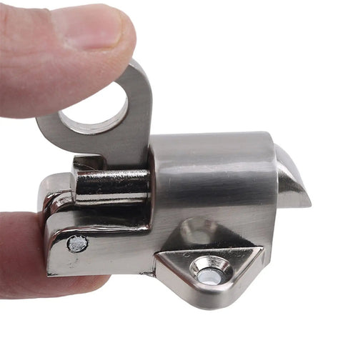 Spring Loaded Bolt Latch for Security Door Gate Zinc Alloy Pull Ring Lock held with finger, showcasing stainless steel finish and mechanism.
