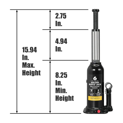 6 Ton Hydraulic Bottle Jack for Cars, Trucks, and SUVs with a Beefy 8.25 to 15.95 Inch Lift Range, 12,000 Lbs Capacity shown