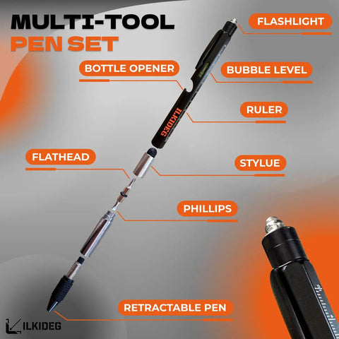 4-In-1 Digital Laser Tape Measure Multitool Pen With 196ft Laser Range And 16ft Tape Crosshair Line Laser Level Area Volume Pythagorean Calculator Handy Woodworking D I Y E D C Tool For Pros And Home Projects. Black multitool pen set with flashlight, bubble level, ruler, flathead, Phillips and bottle opener.