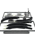 Upgrade Your Ride With This Premium Alloy Timing Chain Guide And Tensioner Kit For BMW 750Li M5 M6 F02 F10 F15 F90 Models Featuring Heavy Duty N63N S63N Engines Built To Last High Strength Low Maintenance Design Keeps You Cruising Smooth. alloy timing chain kit with guides, chain, and tensioners on white background