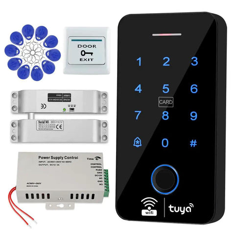 Smart WiFi Access Control Kit With IP68 Waterproof Fingerprint Keypad NC Latch Door Lock 125KHz RFID Fobs Exit Button And 12V 3A Power Supply For Tuya App