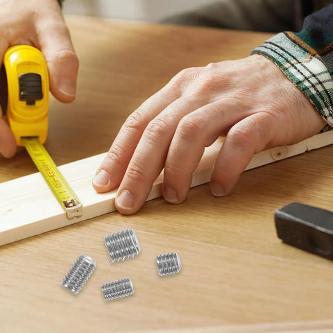 200 Pcs Stainless Steel Screw Set M3 M8 Flat Grub Screws 304 Alloy Fasteners For Doors Shop Smooth Threads Perfect Diy And Pro Techs Loving Solid Work Done Right With Heavy Duty Gear To Crush It Hard. Stainless steel grub screws on wood with tape measure for fitting
