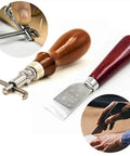 Leather Tools Kit For Stitching Punching Carving Groover Set DIY Leather Craft Tool Kit With 18 Pieces showing groover and beveler.