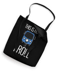 Killer Tuk Tuk Rickshaw Print Tote Bag With Bold East Asia Street Vibes Perfect Carry All Bag For Travelers And Auto Drivers Who Love Bangkok Culture Real Deal Everyday Messenger Bag 16 By 16 Inch with blue tuk tuk graphic on black background.