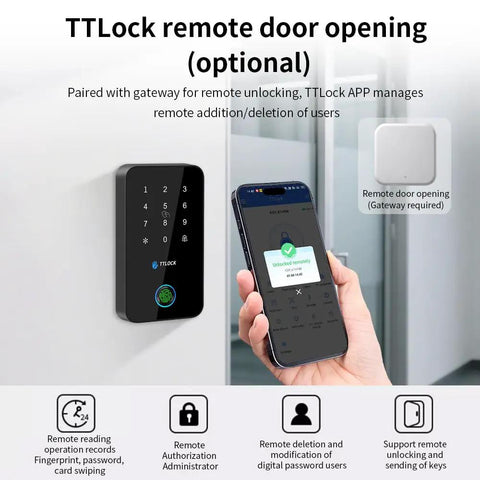 Beefed Up IP67 Waterproof Fingerprint Access Control System With Bluetooth App Unlock NFC RFID Card Reader Digital Keypad shown with smartphone app interface.