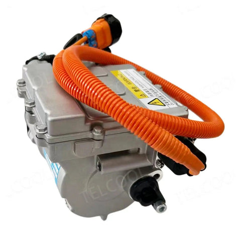Rugged Build 320V Electric Vehicle AC Scroll Compressor With Integrated Inverter And Smart Controller, compact unit with orange wires.