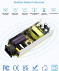 24V 5A Power Brick Adapter 120W DC Transformer With 5.5x2.5mm Plug For LED Strip Lights CCTV Cameras LCD Monitors Massage Chairs Two Pack Universal 100-240V AC Input showing internal circuitry with safety protections labeled.
