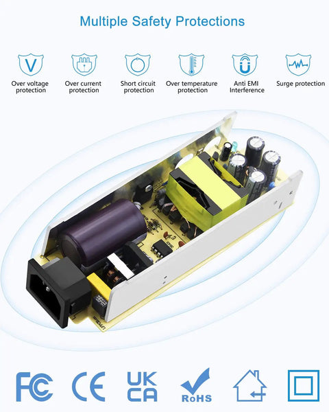 110V To 12V Power Converter 120W 10A DC Supply For Cars And Home Use Car Cigarette Lighter To Wall Plug Adapter open circuit view with safety icons