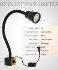 Dimensions and details of a 9W Aluminum Alloy Flexible Machine Light With 900 Lumens Magnetic Base Work Lamp For Lathe Milling Drill Presses Plus CNC Garage Shop Lighting For Auto Repair And Crafting Projects Boss Grade Bright.