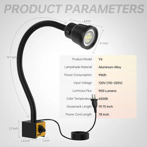Dimensions and details of a 9W Aluminum Alloy Flexible Machine Light With 900 Lumens Magnetic Base Work Lamp For Lathe Milling Drill Presses Plus CNC Garage Shop Lighting For Auto Repair And Crafting Projects Boss Grade Bright.