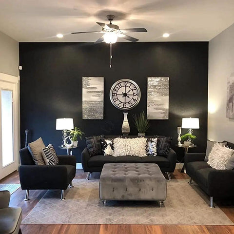 Living room with Removable Black Silk Embossed Peel and Stick Wallpaper for Kitchens Cabinets and Furniture, modern decor.
