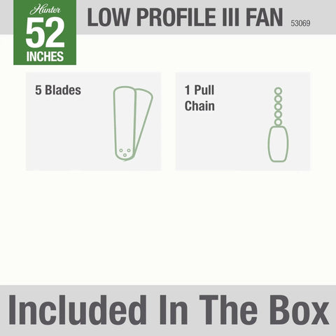 Low Profile 52 Inch White Ceiling Fan With Pull Chain package contents showing 5 blades and 1 pull chain