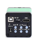 Back view of 48MP C Mount Digital Microscope Camera showing HDMI, USB ports, and control buttons for PCB soldering and repair.